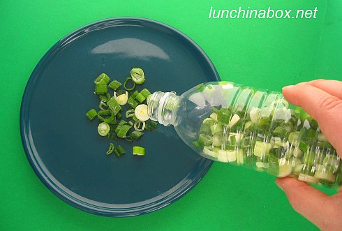 Freezing chopped green onions in plastic drink bottles Freezing chopped green onions in plastic drink bottles
