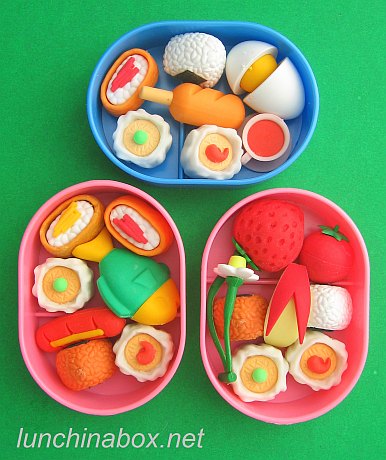 Food-shaped erasers in tiny bento boxes