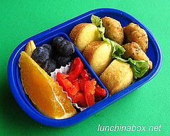 Crab cake & mini muffin bento lunch for preschooler Crab cake & mini muffin bento lunch for preschooler